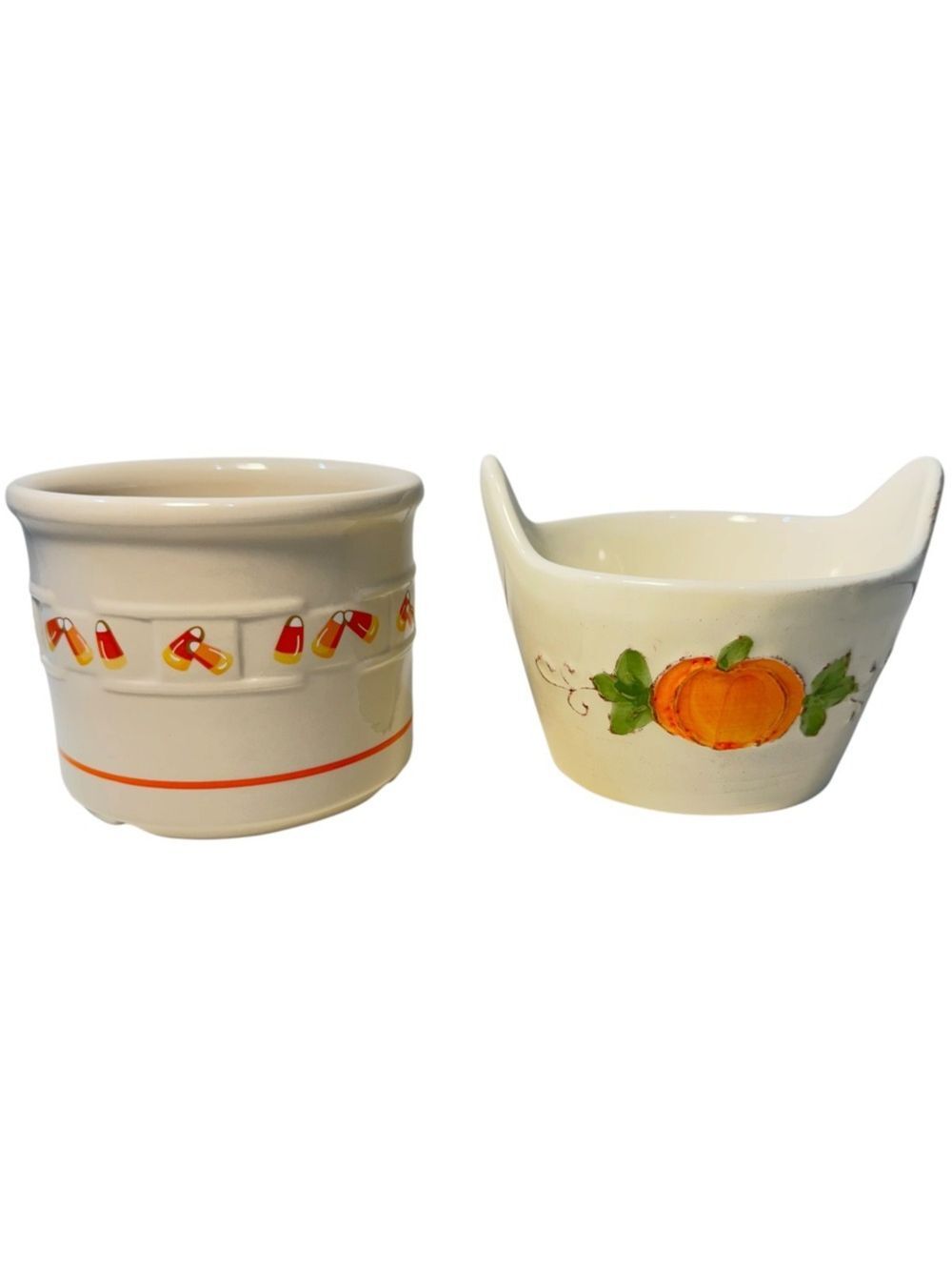 Longaberger Pottery One Pint Candy Corn Crock/Italian Pumpkin Crock Majolica (2)